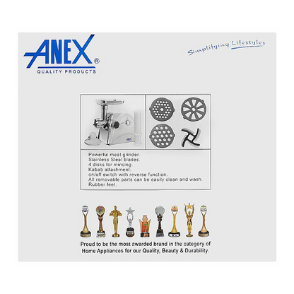 Anex Super Meat Grinder With 4 Disks, 1200W, White, AG-2048